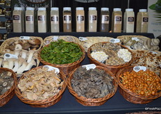 Different mushroom varieties on display in the Ponderosa booth.
