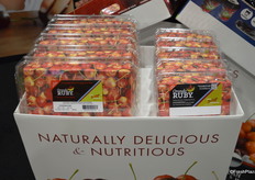 Ruby cherries from Chelan Fresh. This variety is a combination of a Rainier and a Dark Sweet cherry. Production is limited to 50,000 18lb. cases per year and they are available between June 20th and July 5th. The cherries are grown in Orondo, south of Chelan.