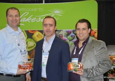 Mario Testani, Robert Najm and Justin Henkel with Lakeside Produce. Mario shows the company's latest product: Blushes. Justin holds the Trio that includes snack size bell peppers, cucumbers and grape tomatoes.
