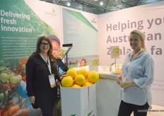 Rachel Palumbo and Danielle Butler from Monsanto with anew melon - the Orange Candy, a yellow melon with orange flesh.