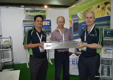 Paul Gapes and Mark Fergusson at Pacific Data with Dimitrios Loutsaris from MiaTech (middle) with a device for airbourne bacteria and ethylene removal.