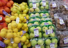 A broad range of organic fruit in this hypermarket.