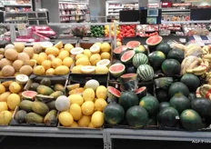A wide range of melons. This chain also offers melons in halves.
