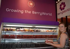 Shirly van der Linden of soft fruit company Berry World with the cooling unit in which strawberries, raspberries, blackberries and blueberries are shown.