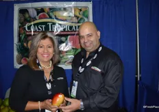 Mary Velaszquez and John Castellanos with Coast Tropical, showing one of the company's many tropical fruit items.