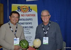 Melons are an important product for Sol Marketing. Manuel Zuniga and Bernie Henderson show them proudly.