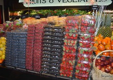 A large selection of berries. Blueberries, raspberries and blackberries were offered at $5.99 for a 6 oz. clamshell. Strawberries priced at $6.99/box.