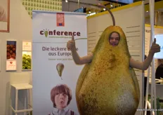 A conference pear greeting customers at the 'Enjoy it’s from Europe' stand.