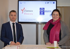 Simon Dodd and Mia Merrigan from Holfeld Plastics with the company's range of H-PET fully recyclable trays.