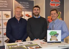 Cullen Packaging manufacture a wide range of packing solutions for various industries, one which is a grow pot for horticulture which can be planted directly in the soil and is fully decomposable. David MacKinnon, Luca Pappalardo from Cullen Packaging and Shaun Therdsman from Modicom.