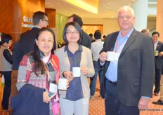 The Xing Ye Yuan Group is a prominent importer and exporter from Dalian in the North of China. To the left, Tracy Edward King, Vice President, and Vera Wang, Marketing Manager.