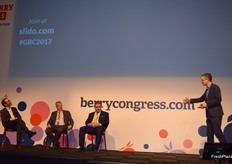 Pedro Braganca from Bfruit, Jan van Bergelijk from Plus Berries (Spain) and Ben Maes from Special Fruit (Spain) during the panel discussion about 'The consumption challenge'.