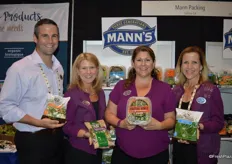 Alex McCloskey, Kimberly St George, Gina Nucci and Ann Youngman with Mann Packing show some of the company's latest items. Alex and Ann show the new organic superblend and organic green beans. Organic cauliflower was added to the line as well. Kimberly and Gina show a Kale Beet Blend and the new Nourish Bowl flavor; Bacon Maple Brussels.