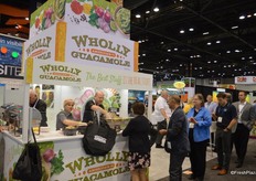 Lunch time means a line at Wholly Guacamole. The company gave away hot dogs with guacamole.