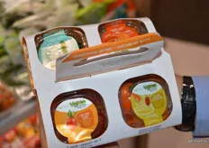 New Veggie to Go snack product from Mucci Farms. It includes mini grape tomatoes (red and orange), mini sweet peppers and mini cucumbers.