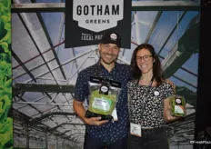 Kristopher Marx and Danielle Mach with Gotham Greens, a rooftop grower in New York. Kristopher shows Ugly Greens and Danielle shows basil.