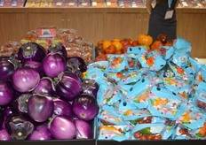 On display at the Pure Flavor booth: Sicilian eggplant, a sturdy eggplant that's good for stuffing. The company also shows Mini Munchies, a healthy snack product for children.