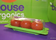Brighthouse Organics Vine Ripened Tomatoes from NatureSweet. Transparent recycled (and recyclable) packaging resembles a greenhouse.
