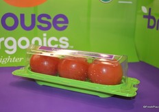 Brighthouse Organics Vine Ripened Tomatoes from NatureSweet. Transparent recycled (and recyclable) packaging resembles a greenhouse.