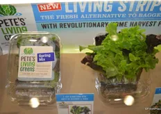 Living strips from Pete’s Living Greens; a patent- pending container for housing living salad strips ensures freshness for 18 days. The key feature is a root compartment that keeps roots contained and countertops clean while consumers harvest their salad at home.