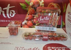 Cherto Gourmet Tomatoes on the Vine from Mucci Farms. These cherry tomatoes are kept on-the-vine to achieve a brix level of 10+. New to the fresh produce category, this product is available in a 1.5lb re- sealable top seal container.