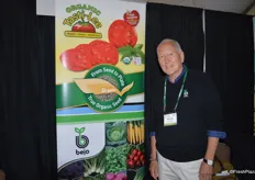 Michael Ryshouwer with Bejo Seeds has organic Tasti- Lee tomatoes on display, but also talks to attendees about the company's organic seed program.