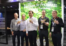 T&G Global celebrate the partnerships with Plant & Food Research and Montague. Hamish Montague, Peter Landon-Lane (CEO Plant and Food Research), Ray Montague, Scott Montague and Darren Drury