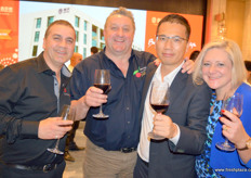 Happy faces at the Joy Wing Mau anniversary dinner. From left to right, Joe Tullio, Tim Jones and Alison Jones, all from Australia Fruits.