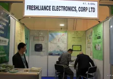 Freshliance offers cloud-based cold chain solutions, via data-loggers and GPS tracking systems. Completely automated, and usable without pre-loading software. In the background is Kevin Wu, speaking to a client.