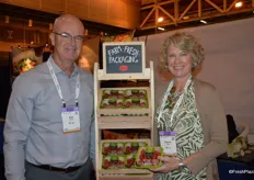 Brad Dennis and Shannon Boase with CKF, Inc. show the company's new peel and reseal lidding film for compostable and recyclable fibre punnets.