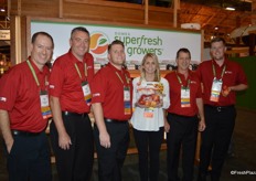 The team of Domex Superfresh Growers from left to right: Kailan Elder, Shawn Loudon, Ryan Cleary, Ashley Filliol showing Autumn Glory apples, Jeff Ritts and Tyler Weinbender.