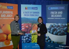 Karen Brux and Allison Myers with Fruit from Chile show Chilean blueberries. Promotable volumes should be available in the next two months.