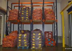 Pallets with 50 lb. bags of yellow and red onions