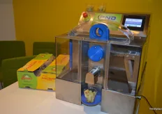 Zespri are exploring ready to eat options for kiwifruit, this is a prototype of a machine to peel and cut kiwifruit, these machines could be placed in supermarkets.