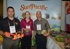 Brano Popovac, Melissa Heinrich and Brian Campos with SunPacific, showing Cara Cara oranges, Vintage Sweets, Air Chief grapes and Mighties kiwi fruit.
