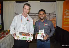 Mark Weese with Amco Produce shows the company's garden pack and Kurvin Soobrayen shows a new tomato chutney.