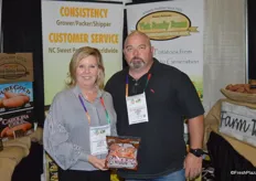 Charlotte Vick and Ken Sikes with Vick Family Farms show the sweet potato steamer bag that was launched in the fall of last year.
