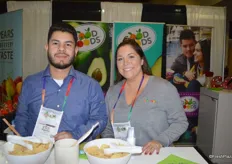 Roberto Rojas and Brittany Vetter with Good Foods take care of show attendees by sampling avocado salsa, and guacamole and chips.