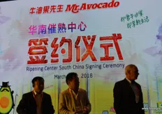 Qidong Zhu of Pagoda, John Wang of Lantao and Steve Barnard of Mission Produce are waiting to go on stage to sign a latest agreement on jointly opening a second avocado ripening centre in Southern China.