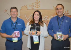 The Village Farms team proudly shows its Stackable Snackables. Stackable top-seal containers that allow the retailer to place more containers in the same shelf space. From left to right: Steve Poklemba, Helen Aquino and Aman Chatha.