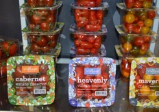 Close up of the new stackable snackables: cabernet estate reserves, heavenly villagio marzano tomatoes and a maverick mix.