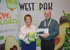 Christine Connell and Scott Ross with West Pak Avocado are featuring California avocados at the CPMA show. Christine shows Avo Monsters while Scott shows the I Love Avocado bags.