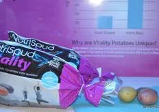Vitality potatoes from EarhFresh's Nutrispud line. It's a blend of yellow, red and purple potatoes. One medium Vitality potato provides 566.5 mg of anthocyanins, while one medium standard potatoes provides 137.5 mg of anthocyanins.