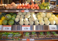 Plenty of melon options and below the melons is California-grown organic kiwi fruit available in pouch bags as well as kiwi fruit in regular bags.