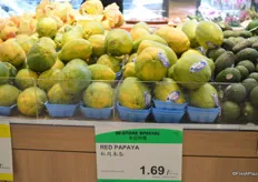 In-store special of papayas. Sold for CAD 1.69/pound. It is sourced from Mexico/US, according to the sign.