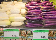 Chinese white radish imported from China and Mexico- grown Chinese eggplant.
