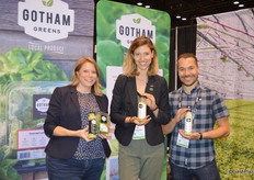 Robin Poulsen, Nicole Baum and Kristopher Marx with Gotham Greens proudly show the company's new raw uncooked salad dressings.