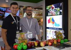 Rohan Sali (left) from Great Shepparton, a government initiative to promote the Australian region. Andrew Mandermaker from APAL popped in for a chat, APAL are promoting the new Frank pear variety which APAL has the commercialisation rights for.