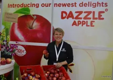 Lisa Cork at Mr Apple with the Dazzle apple.