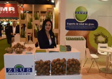 Zeus' executive manager Christina Manossis displaying their kiwifruit from Greece. 40% of their total production is going to the United Kingdom alone. About 20% of their kiwis are exported to the rest of Europe, with the remaining 40% going overseas to countries like China, the United States and Chile.